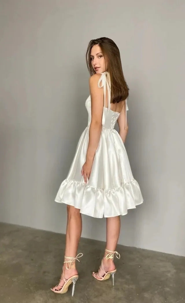 Short A-Line Prom Dresses Sweetheart Sleeveless Wedding Party Dress for Women Knee Length Ruched Homecoming Dresses White-Champagne