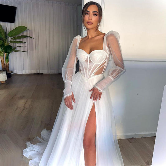 White Tulle A Line Wedding Dresses Long Sleeve Sweethart Sexy Corset Boho Bridal Gowns with Slit Beach Bride Dress with Train