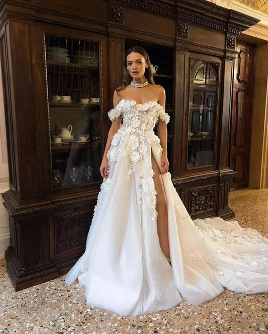 Sweetheart A-line Wedding Dress Tulle Appliques Flowers High Slit Bridal Gowns Fashion Amanda Novias Vestido De Novia