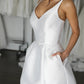 V-Style Neckline Wedding Dress Vestido De Novia Satin Bridal Gown Simple Skirt  Bow Court Train Dress