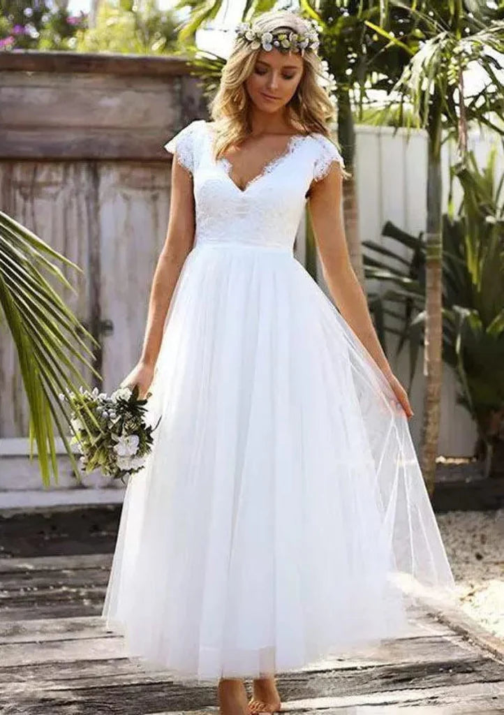 Gaun pengantin pendek elegan renda tulle lengan topi sederhana v leher bohemian pantai taman gaun pengantin vestido de novia