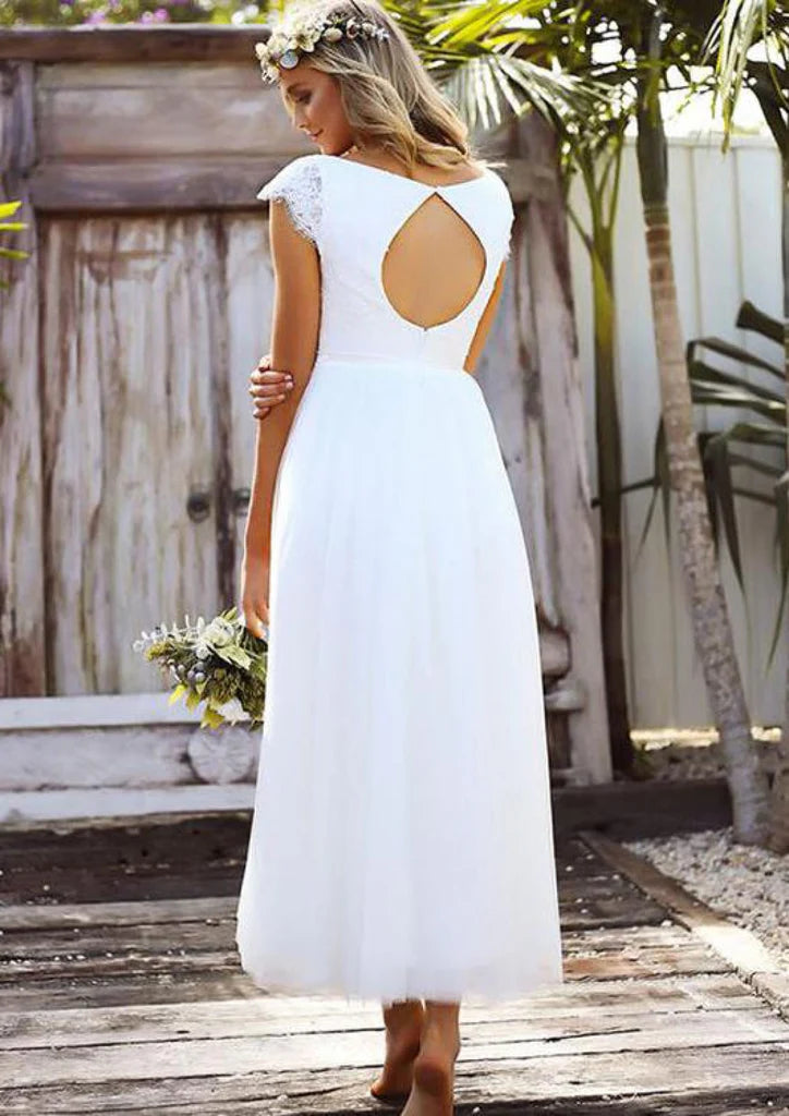 Eleganti abiti da sposa corti in pizzo Tulle Modest Cappon Maniche V Neck Bohemian Beach Garden Abiti da sposa Vestido de nolia