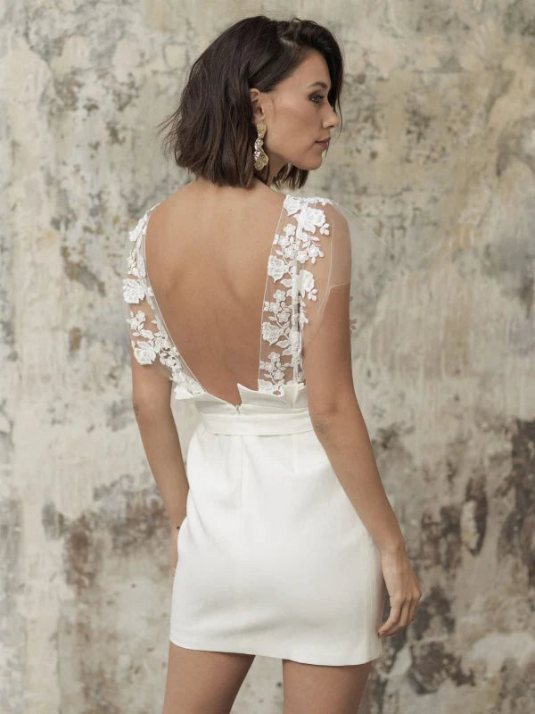 Eleganti abiti da sposa corti abiti da spina con pizzo aperto maniche a batwing a batwing in gambo abito da sposa sopra ginocchio sopra il ginocchio de noviva