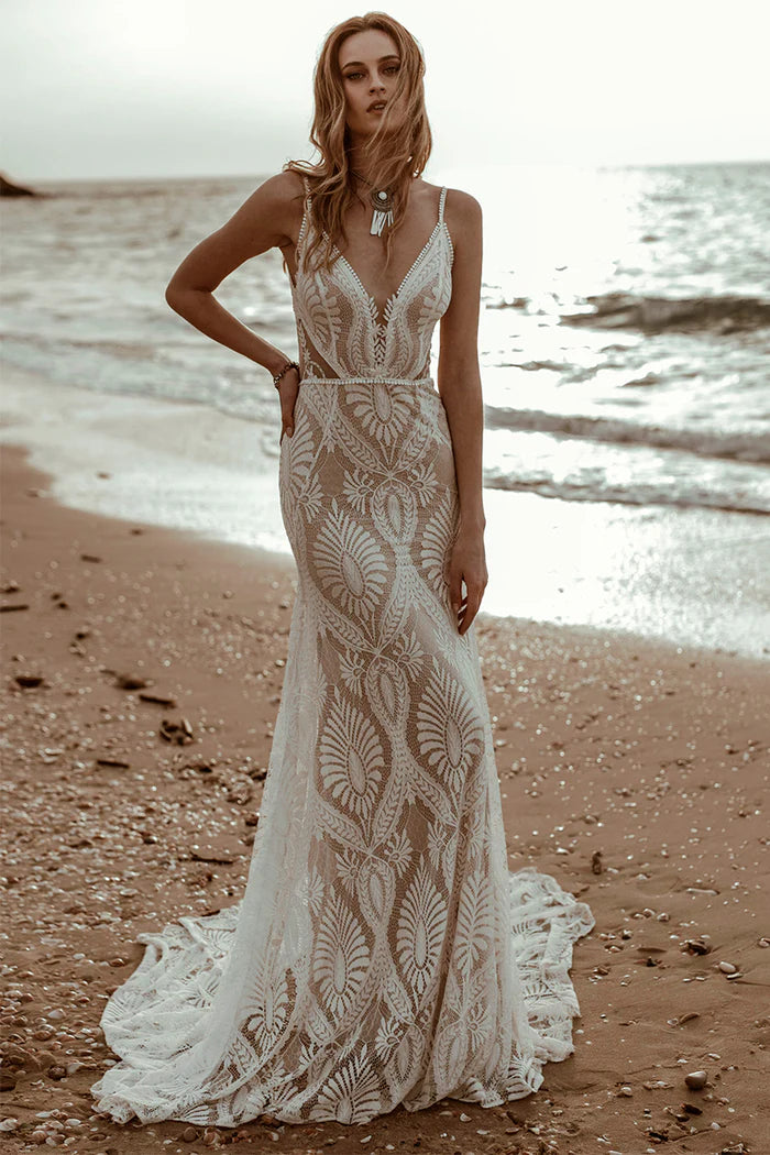 Dream Sexy Lace v Neck Beach Mermaid Wedding Dresses Spaghetti Tali Lengan Gaun Pengantin Backless Vestidos de Novia