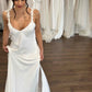 Floor Lenght with V-Neckline Wedding Dress Vestido De Novia Satin Simple Skirt  Bow Court Train Dress  Bridal Gown