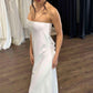 Simple Strapless Straight Neckline Wedding Dress Vestido De Novia Satin Skirt  Bow Court Train Dress  Bridal Gown