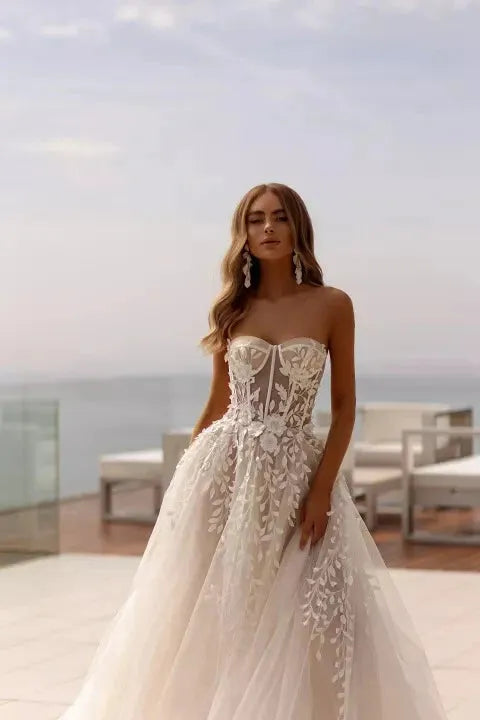 Strapless Wedding Dress A Line Sweetheart Neck Bridal Dresses Vintage Lace Wedding Gowns Ivory 24w